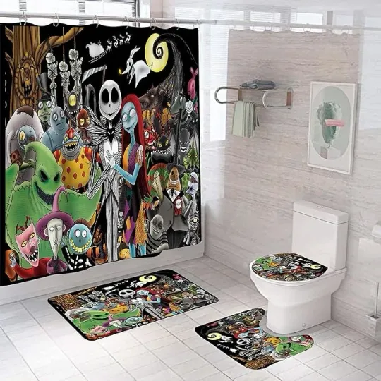 Discover Halloween Horror Movies Shower Curtain Set Toilet Seat Mats Bathroom Decor Gift