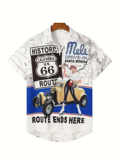 Discover Route 66 Mel's Drive-In Vintage Print Men's Short Sleeve Shirt Large