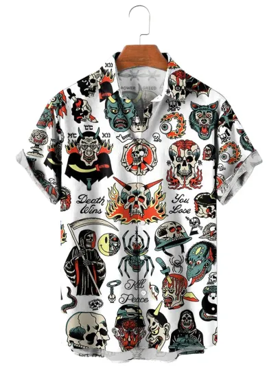 Discover Vintage Hawaiian Shirt Skull Ghost 3D Print with Chest Pocket Button Up
