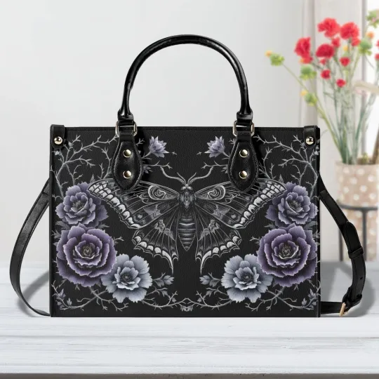 Discover Personalized Dark Moth with Gothic Flowers Black Rose Women Leather Handbag Gift