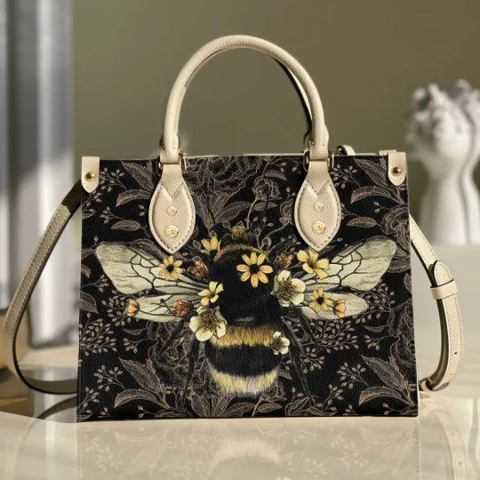 Discover Personalized Bumblebee Floral Women Leather Handbag Gift For Queen Bee Lovers