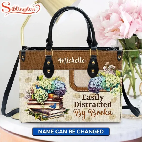 Discover Personalized Easily Distracted By Books Hydrangea Leather Handbag Librarian Gift
