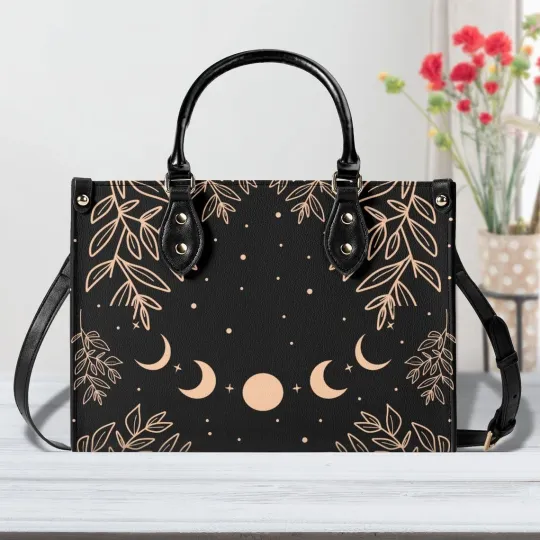 Moon Phase Leather Handbag with Crescent Moon Design