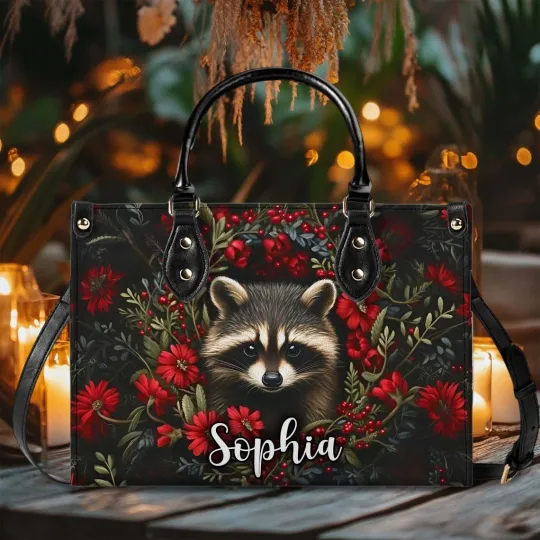 Discover Personalized Raccoon and Roses Leather Handbag Gift For Raccoon Animal Lovers