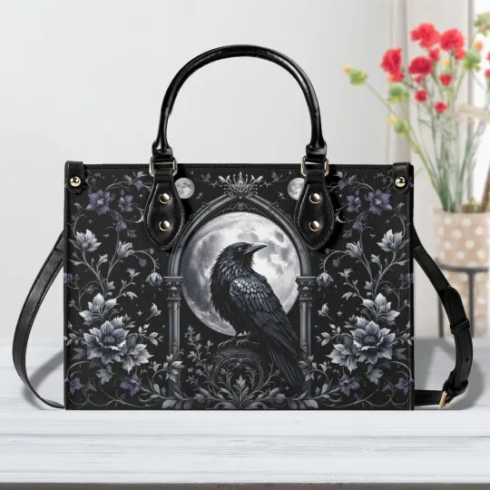 Discover Personalized Black Raven Moon Night Leather Handbag Gift For Gothic Raven Lovers