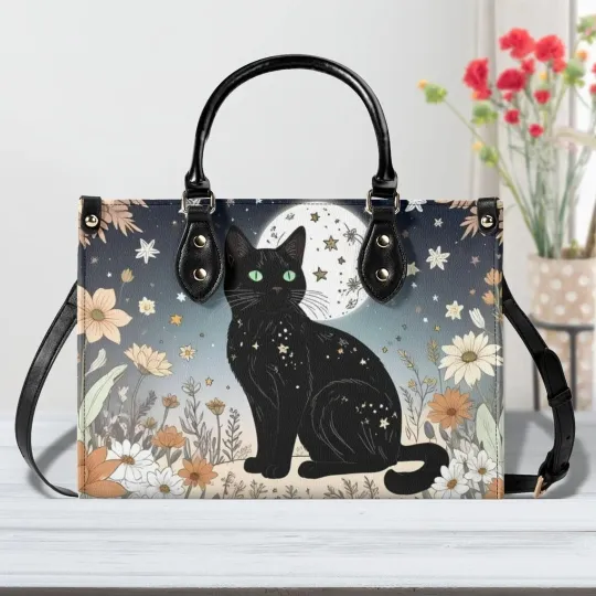 Black Cat & Wildflowers Leather Handbag for Cat Lovers