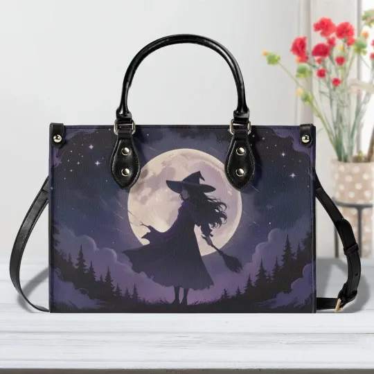 Discover Personalized Witch Moon Night Leather Handbag for Witch and Girl Lovers