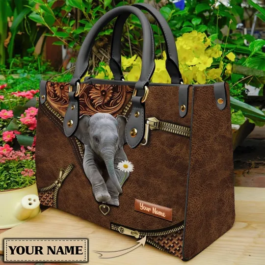 Discover Personalized Elephant Leather Handbag with Daisy Design for Women