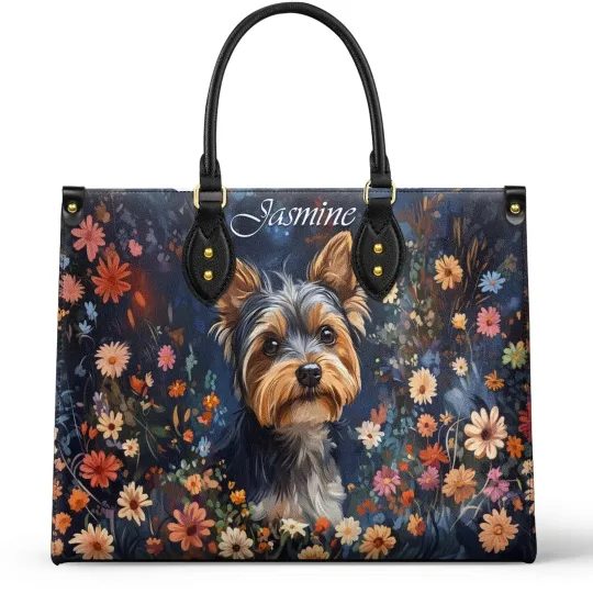 Discover Personalized Leather Handbag with Wildflowers and Yorkie Dog Design