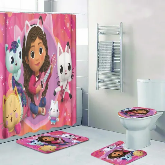 Discover Gabby & Pandy Paws Cartoon Print Shower Curtain Bath Mat Toilet Lid Cover Mat