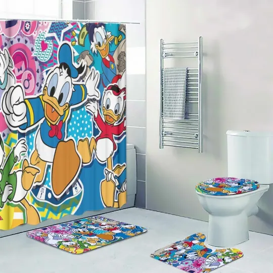 Discover Disney Donald Duck's Family Print Shower Curtain Bath Mat Toilet Lid Cover Mat