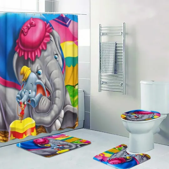 Discover Disney Dumb Flying Elephant Print Shower Curtain Bath Mat Toilet Lid Cover Mat