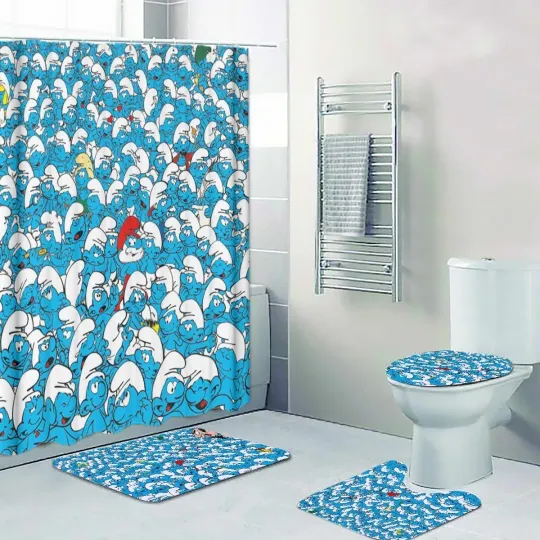Discover The Smuurfs Cartoon Print Shower Curtain Bath Mat Toilet Lid Cover Mat