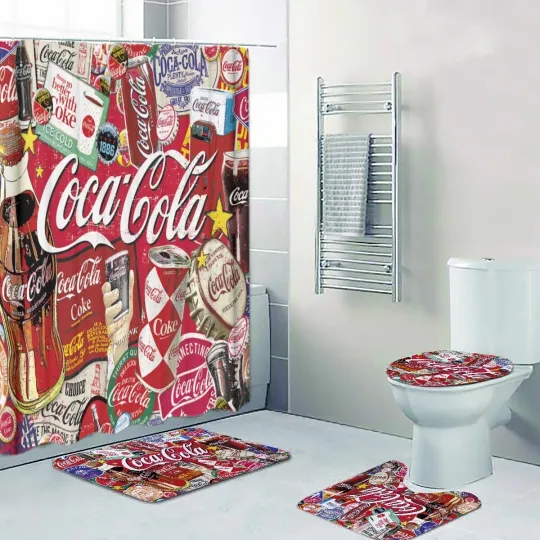Discover Co Cola Vintage Classic Print Shower Curtain Bath Mat Toilet Lid Cover Mat
