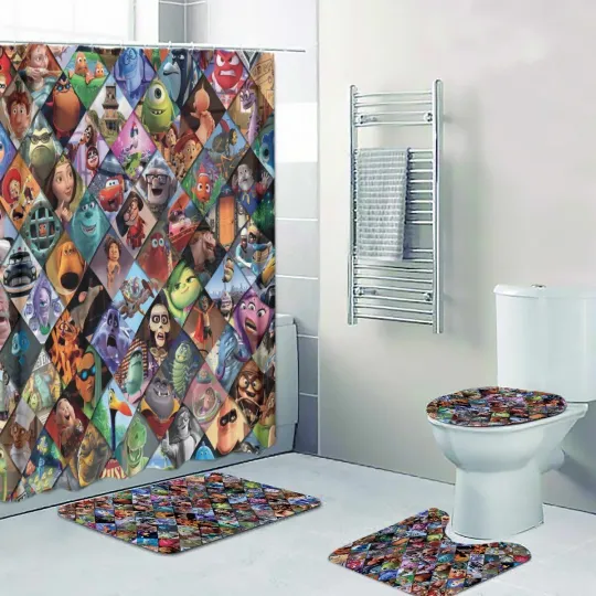 Discover Disney Pixar Movies Print Shower Curtain Bath Mat Toilet Lid Cover Mat