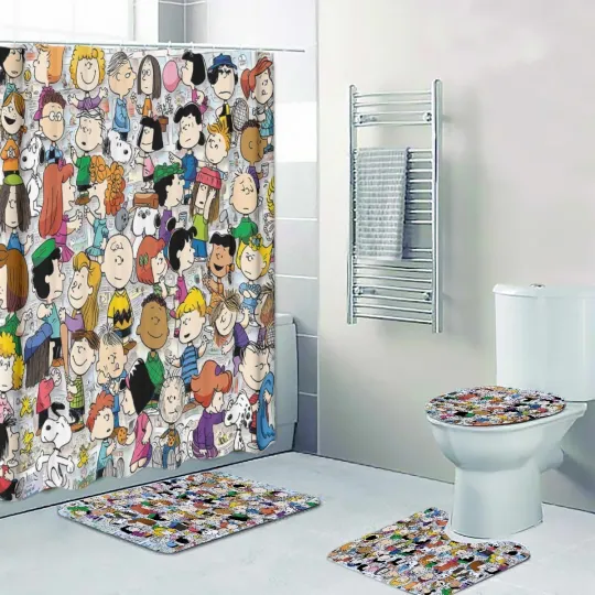 Discover Peanuts Snoop Characters Print Shower Curtain Bath Mat Toilet Lid Cover Mat