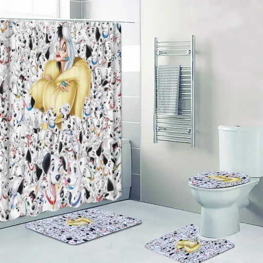 Discover 101 Dalmatians Dog Cruella Print Shower Curtain Bath Mat Toilet Lid Cover Mat