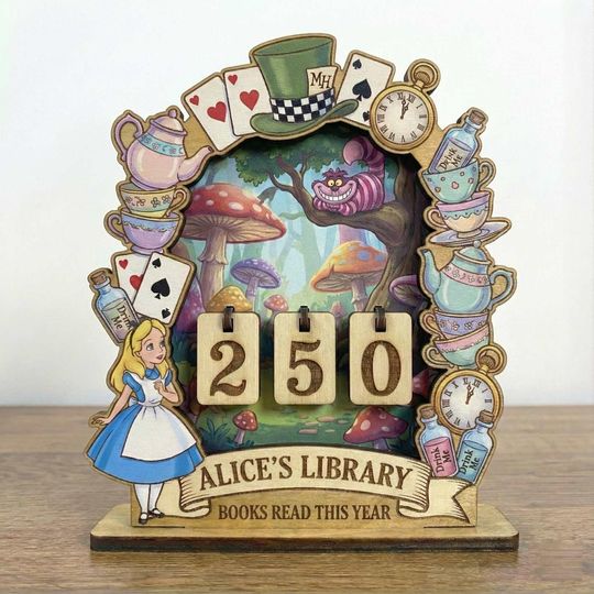 Custom Name Alices Library Tracker Sign, Personalized Disneyland Book Tracker, Books Read This Year Counter, Wooden Stand Book Tracker