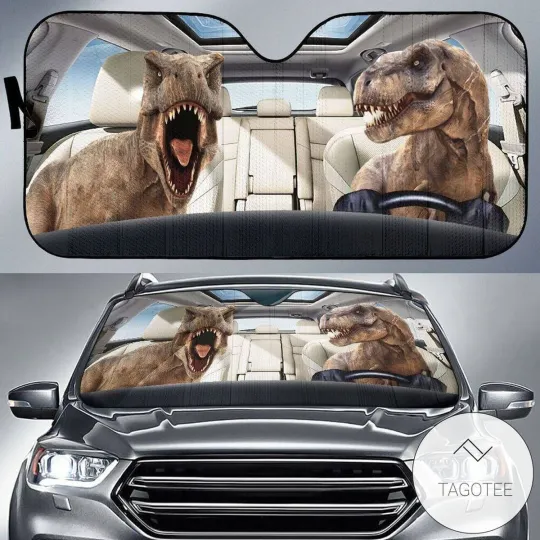 Discover Dinosaur Car Sun Shade Angry Dinosaur Couple Funny Driving 3D Windshield Sun