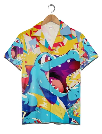 Discover Totodile PKM Button Up Hawaiian Shirt, Water Type Aloha Shirt Beach Shirt