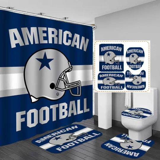 Discover 4PCS/Set American Football Shower Curtain, White Navy Blue Striped Texas Star...