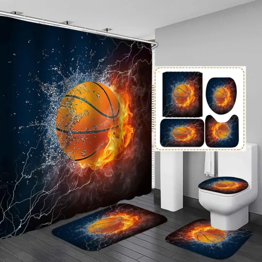 Discover OLEBETY 4PCS Flaming Basketball Shower Curtain Set