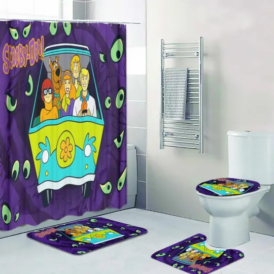 Scooby-Doo Night Ride Print Shower Curtain Bath Mat Toilet Lid Cover Mat