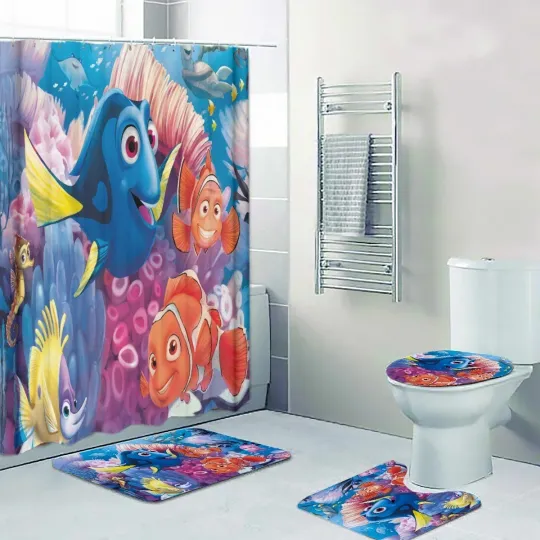Discover Disney Finding Dory Nemo Print Shower Curtain Bath Mat Toilet Lid Cover Mat