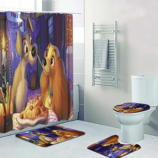 Discover Lady and the Tramp Dogs Print Shower Curtain Bath Mat Toilet Lid Cover Mat