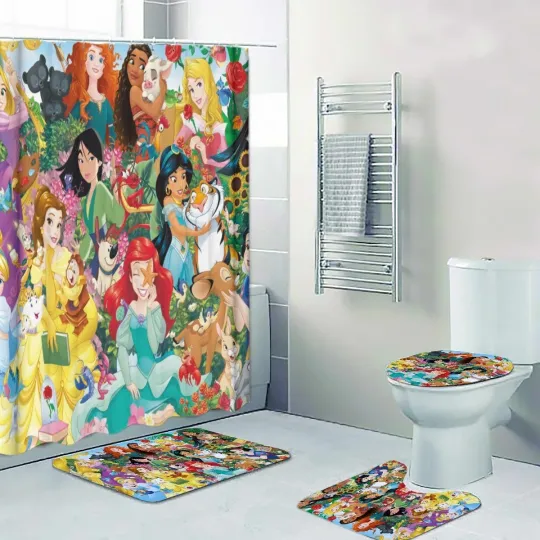 Discover Disney Princess Characters Print Shower Curtain Bath Mat Toilet Lid Cover Mat