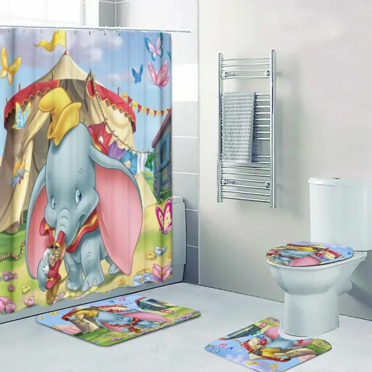 Discover Disney Dumb Flying Elephant Print Shower Curtain Bath Mat Toilet Lid Cover Mat