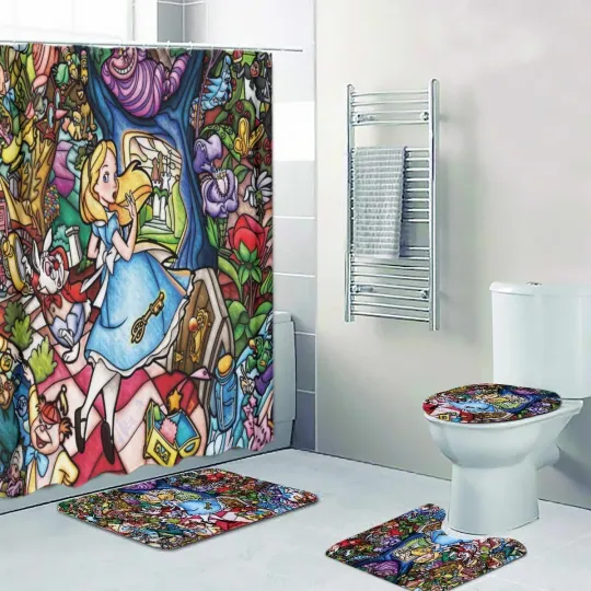 Discover Disney Alice In Wonderland Print Shower Curtain Bath Mat Toilet Lid Cover Mat