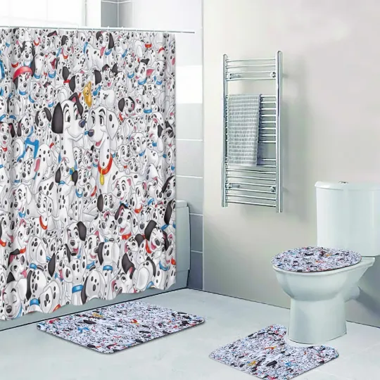 Discover Disney 101 Dalmatians Print Shower Curtain Bath Mat Toilet Lid Cover Mat