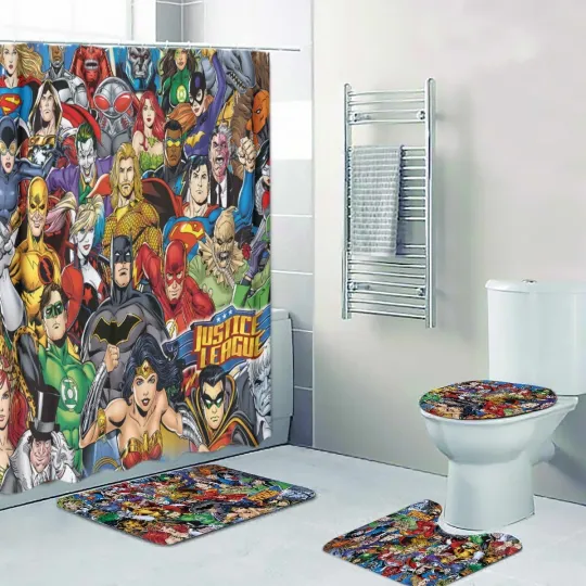Discover DC Comics Justice League Print Shower Curtain Bath Mat Toilet Lid Cover Mat
