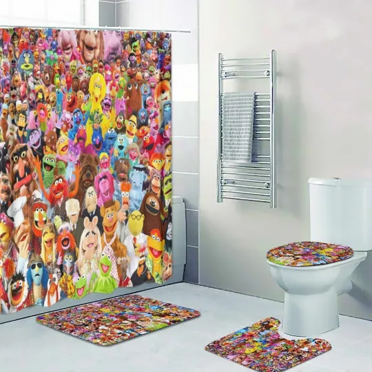 Discover The Muppets All Characters Print Shower Curtain Bath Mat Toilet Lid Cover Mat