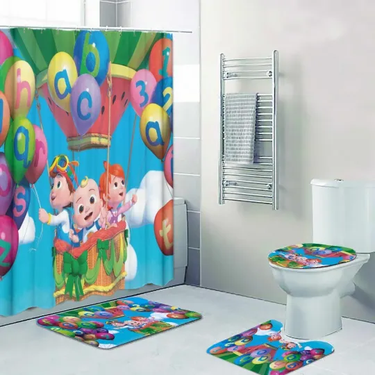 Discover Coco melon ABC Song Balloons Print Shower Curtain Bath Mat Toilet Lid Cover Mat