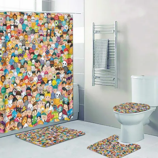 Disney Tsum Tsum Characters Print Shower Curtain Bath Mat Toilet Lid Cover Mat