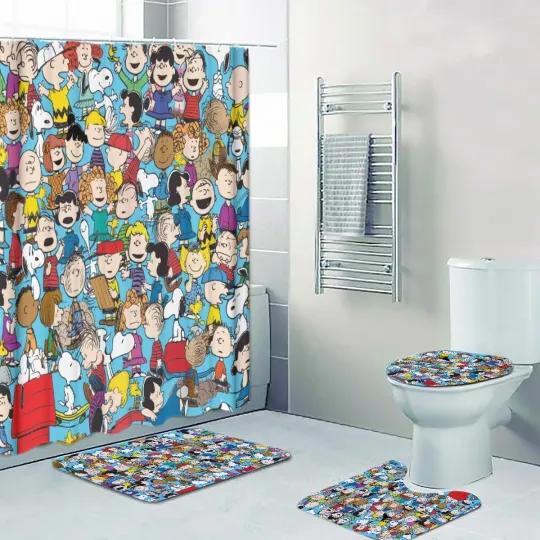 Discover Peanuts Snoop Characters Print Shower Curtain Bath Mat Toilet Lid Cover Mat