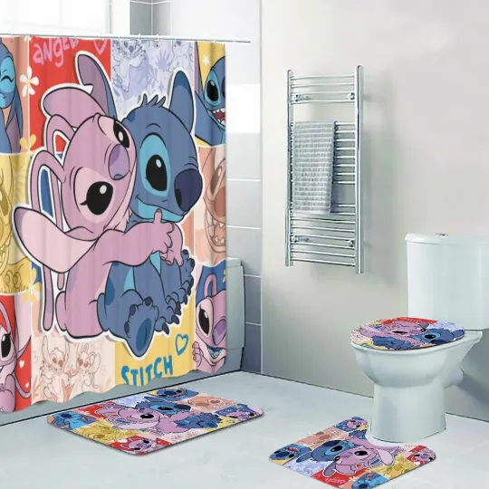 Discover Angel Hugging Stitch Print Shower Curtain Bath Mat Toilet Lid Cover Mat