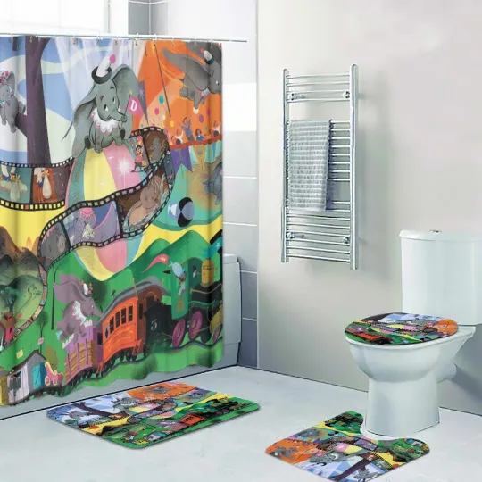 Discover Disney Dumb Flying Elephant Print Shower Curtain Bath Mat Toilet Lid Cover Mat