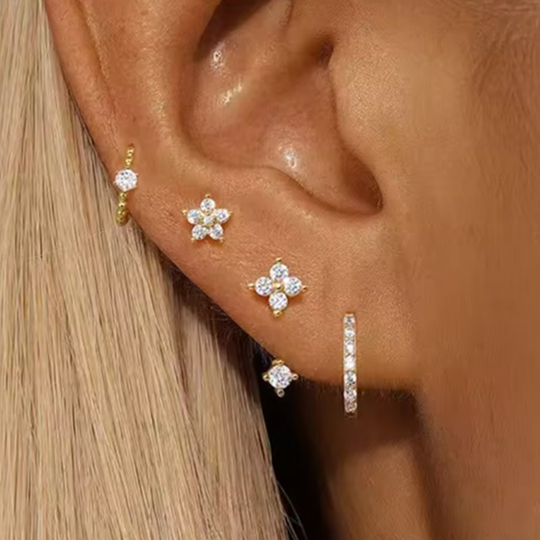Discover 4PCS Fashion Zircon Round Hoop Earring Set Women Temperament Flower Ear Stud Huggie Earring Tragus Piercing Cartilage Jewelry