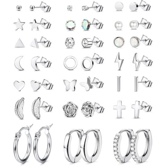 Discover 21Pairs Stainless Steel Earrings Stud Hoop Earrings Sets for Multiple Piercing Small Tiny Studs Huggie Hoops Jewellry