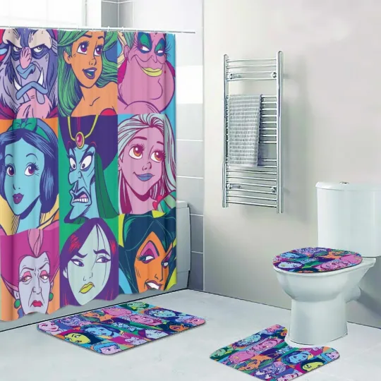 Discover Heroes & Villains Print Shower Curtain Bath Mat Toilet Lid Cover Mat