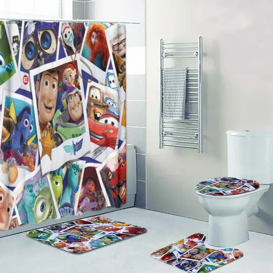 Discover Disney Pixar Cartoon Print Shower Curtain Bath Mat Toilet Lid Cover Mat