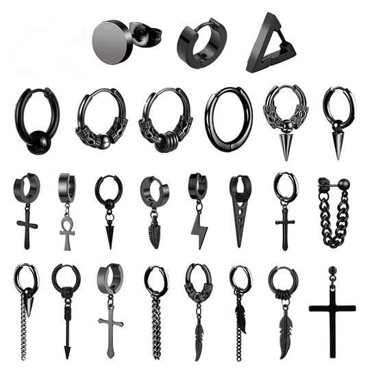 Discover 1 Pairs Punk Stainless Steel Stud Earrings Black Earrings Set For Men Women Vintage Hip Hop Piercing Ear Jewelry Accessories