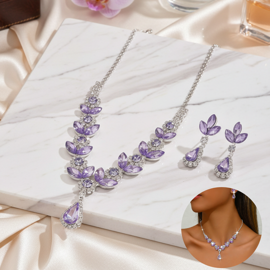 Discover 3pcs Purple Shiny Waterdrop Necklace Sets for Women Collar Choker Necklace Earring Jewelry Set for Prom Birthday Bridal Wedding