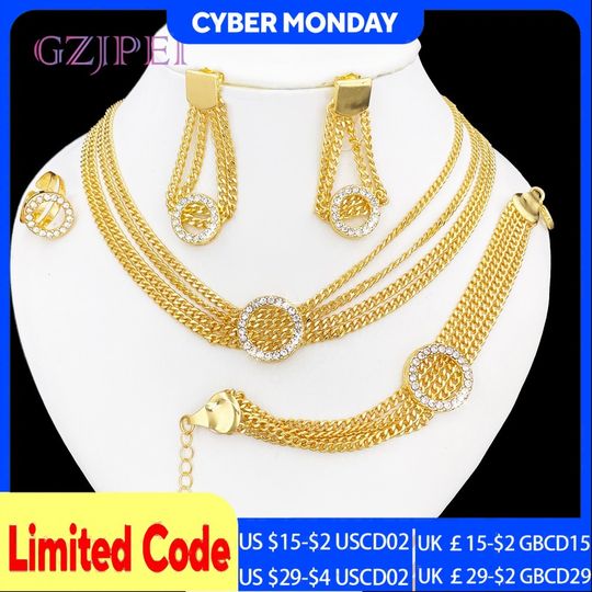 Discover GZJPEI Hip Hop Women Jewelry Set Miami Cuban Chain Necklace Multi Layer Bracelet Zircon Earring Round Ring 2025 Trendy New