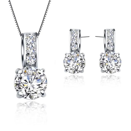 Discover 925 Sterling Silver Color Bridal Jewelry Set Classic Cubic Zircon Crystal Pendant  Necklace Stud Earrings for Women Girls Gift