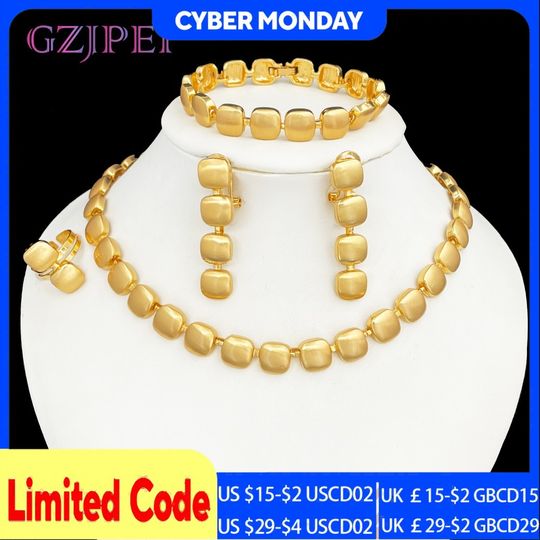 Discover GZJPEI Dubai Gold Color Jewelry Set Classic Square Geometry Necklace Earring Bracelet Ring For Women Christmas Gifts 2025 New