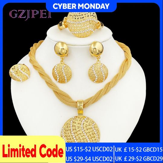 Discover GZJPEI 2025 New Women Jewelry Set Hight Quality 18K Gold Plated Round Pendant Necklace Bracelet Shiny Zircon Earring Ring